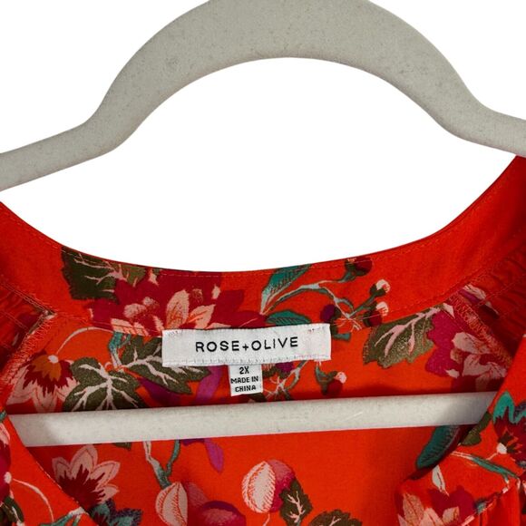 Rose + Olive Orange Floral Button Front Blouse Preppy Office Womens Plus Size 2x - Picture 3 of 6